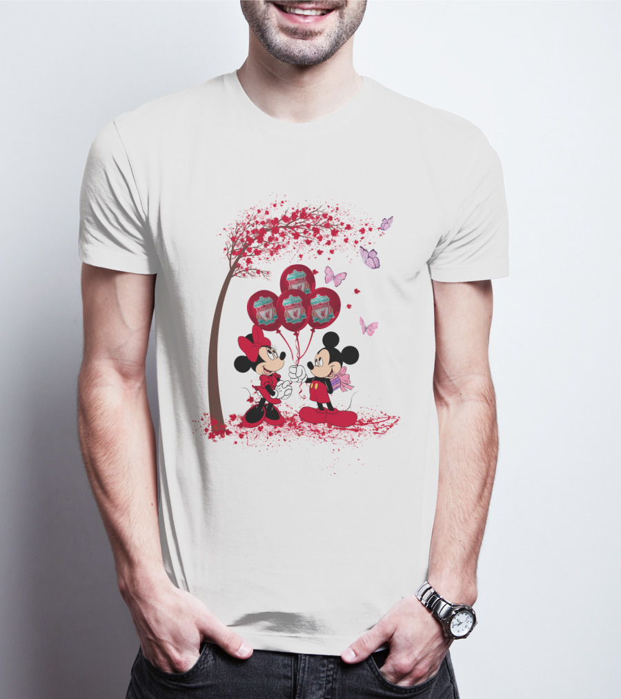 Mickey Minnie Holding Liverpool FC Balloons Under Blossoming Tree With Butterflies T-Shirt