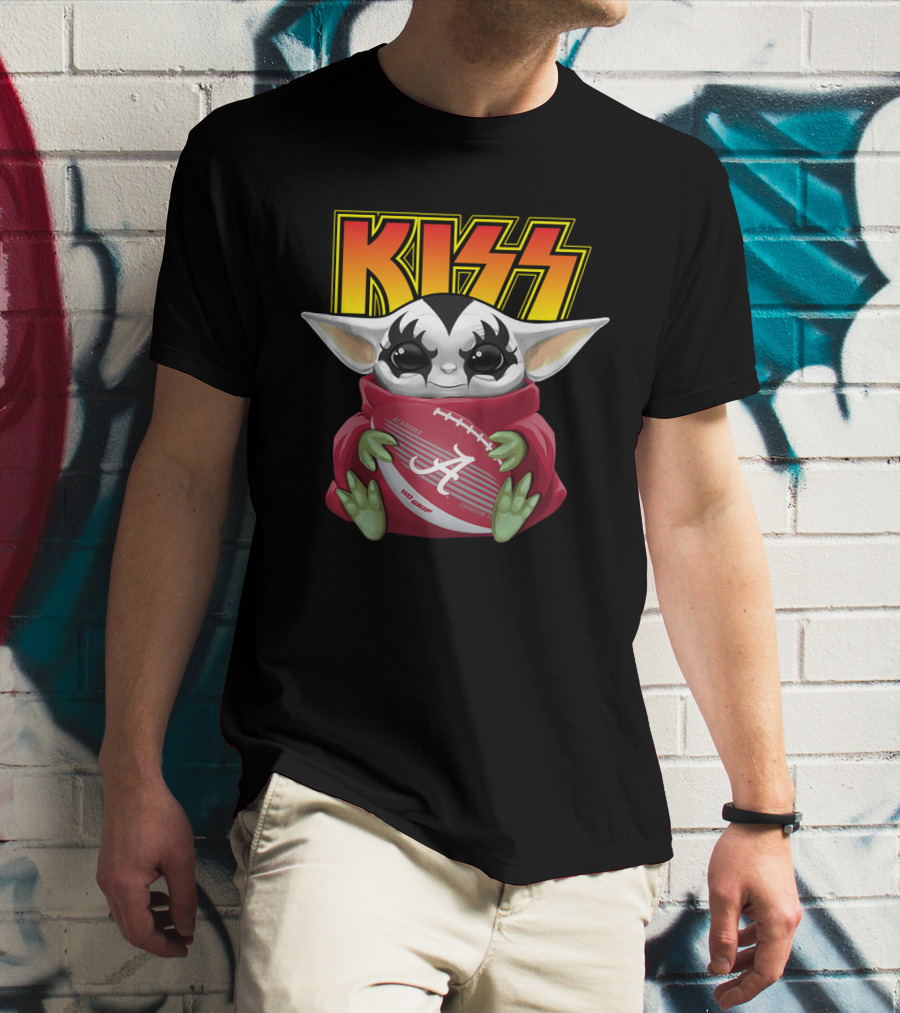 KISS Gene Simmons Baby Yoda Holding Alabama Crimson Tide Football T-Shirt