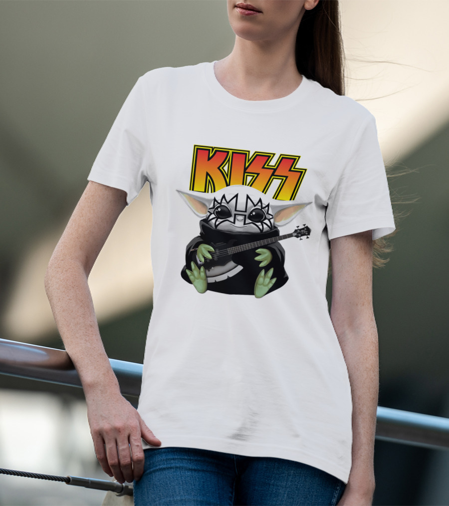KISS Baby Yoda With Guitar In Tommy Thayer Makeup T-Shirt