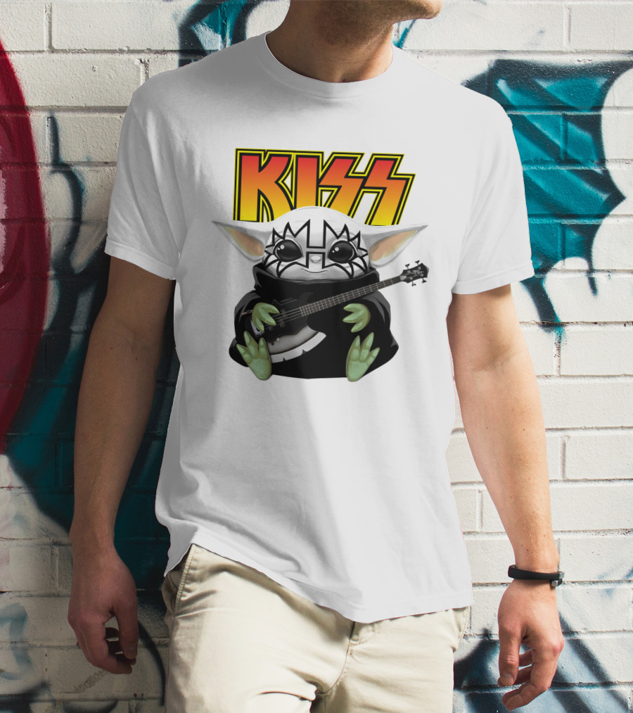 KISS Baby Yoda With Guitar In Tommy Thayer Makeup T-Shirt