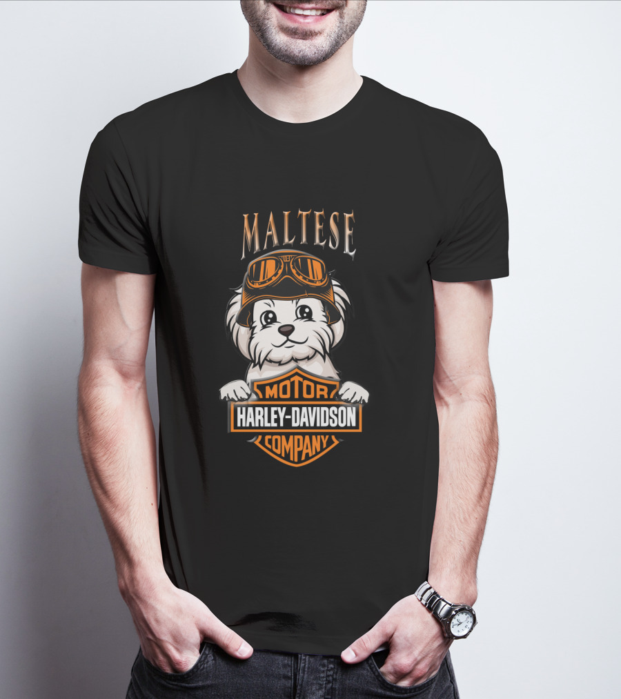 Maltese Harley Davidson Motor Company Dog With Goggles T-Shirt