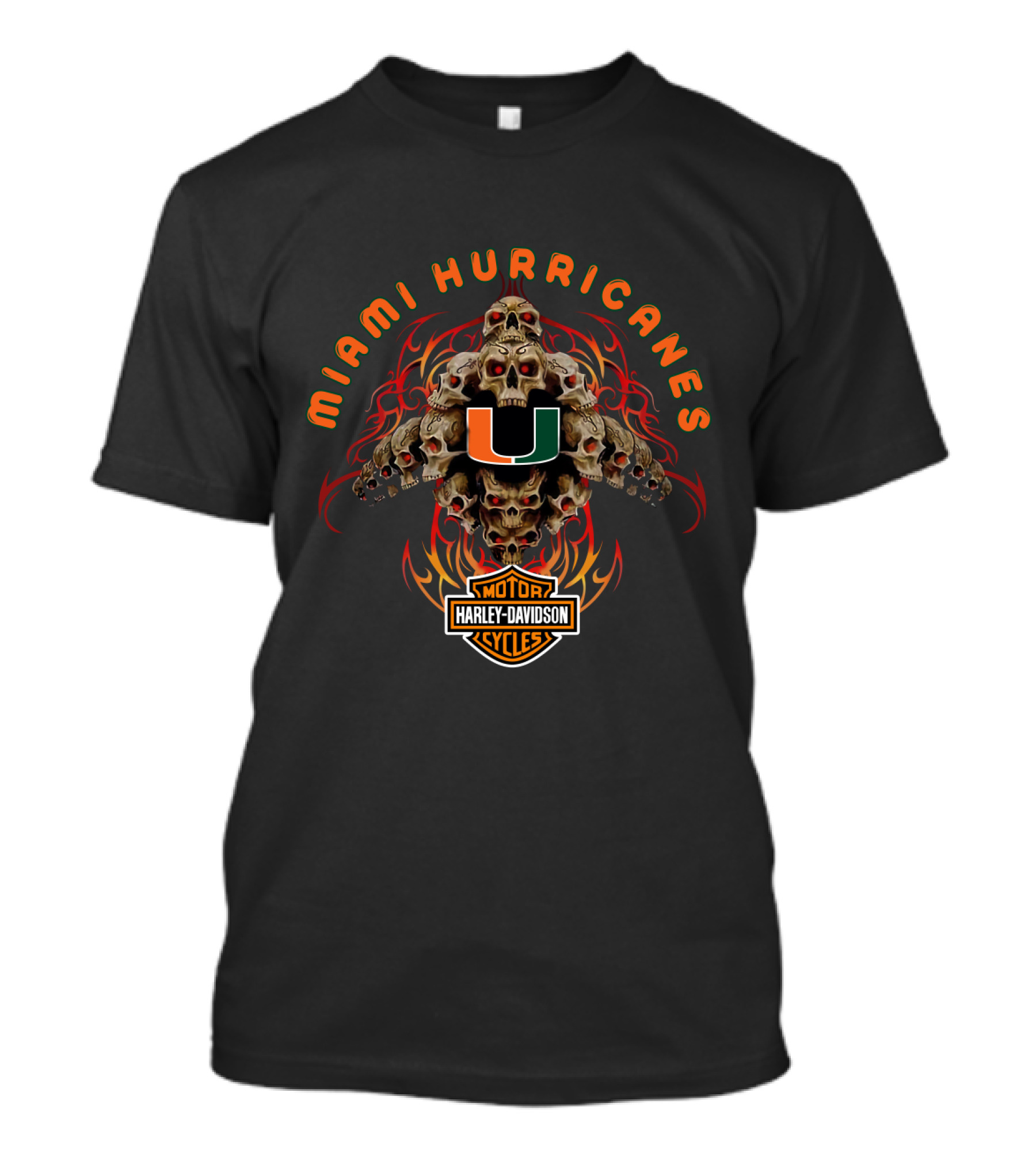 Miami Hurricanes U Harley Davidson Skulls Fire T-Shirt