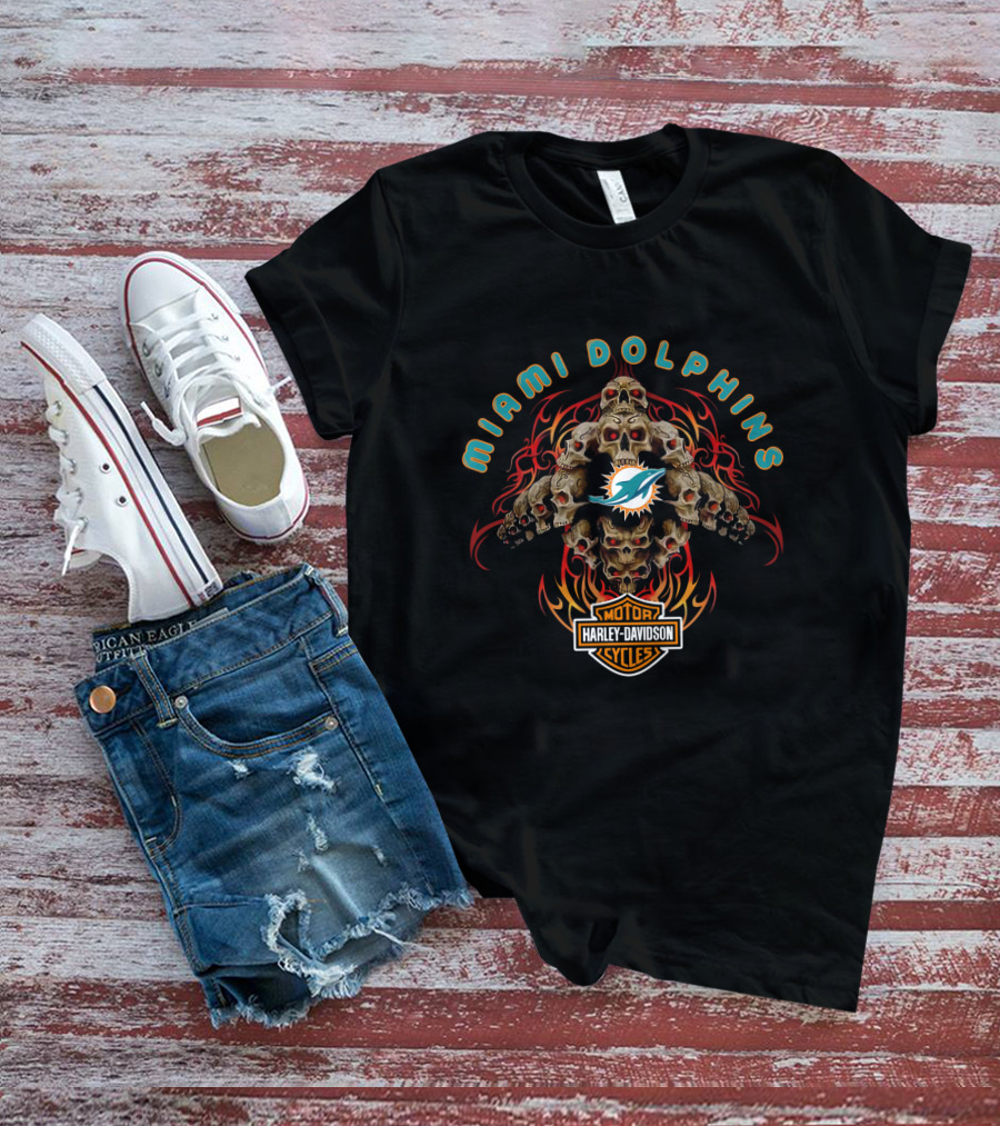 Miami Dolphins Harley Davidson Motorcycle Skulls And Flames T-Shirt