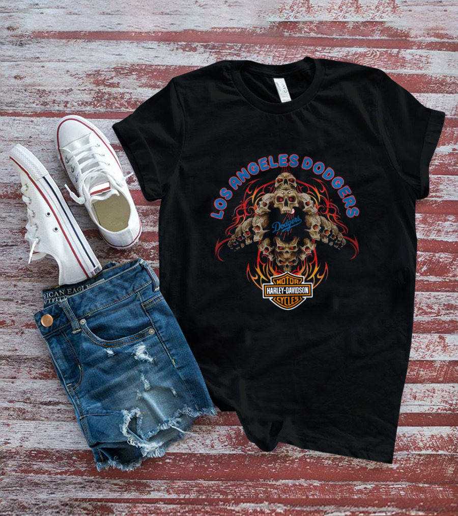 Los Angeles Dodgers Harley Davidson Skull Flame Motorcycle T-Shirt