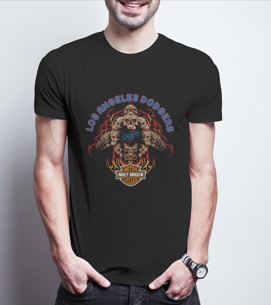 Los Angeles Dodgers Harley Davidson Skull Flame Motorcycle T-Shirt