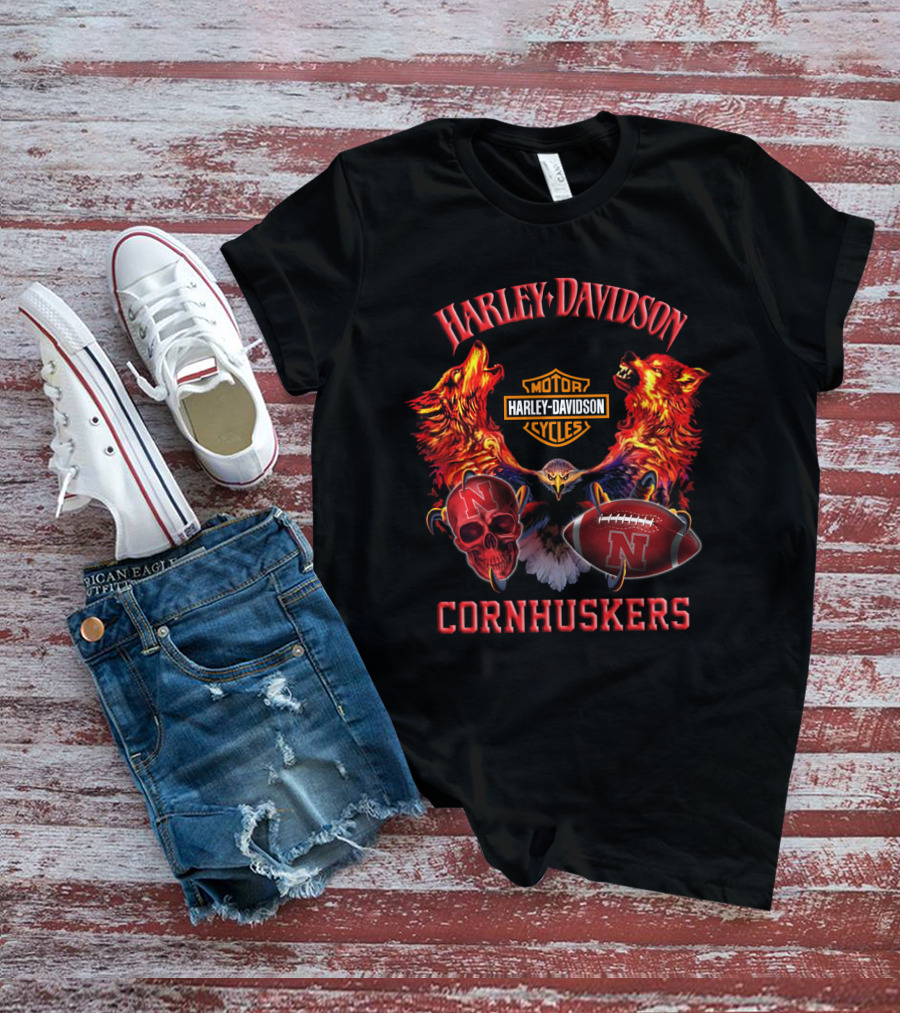Harley Davidson Nebraska Cornhuskers Football Skull Wolves T-Shirt