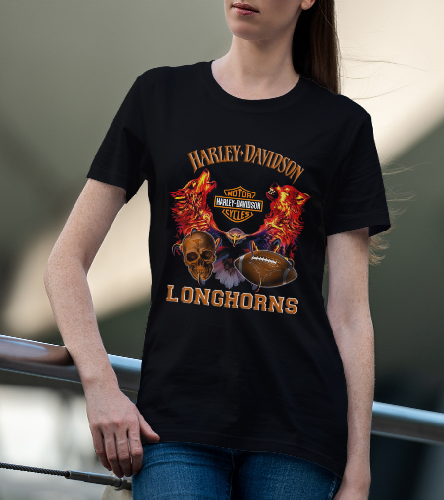 Harley Davidson Longhorns Texas Football Wolves Skull And Motorcycle T-Shirt