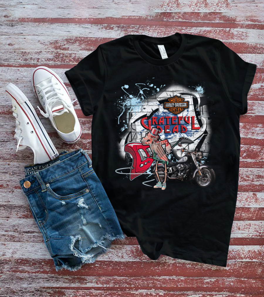 Grateful Dead Harley Davidson Motorcycle Skeleton With Guitar T-Shirt