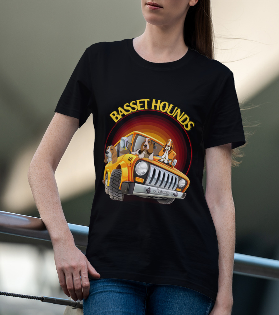 Basset Hounds Jeep Adventure With Dh 51 Basset Hounds Car T-Shirt