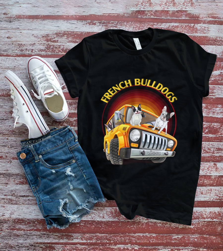 French Bulldogs In Orange Jeep T-Shirt