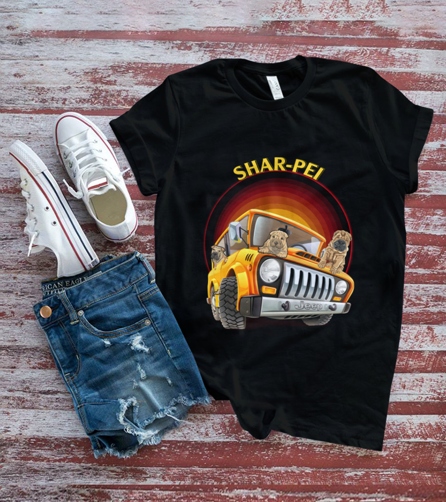 Shar-Pei Jeep Orange With Three Puppies T-Shirt