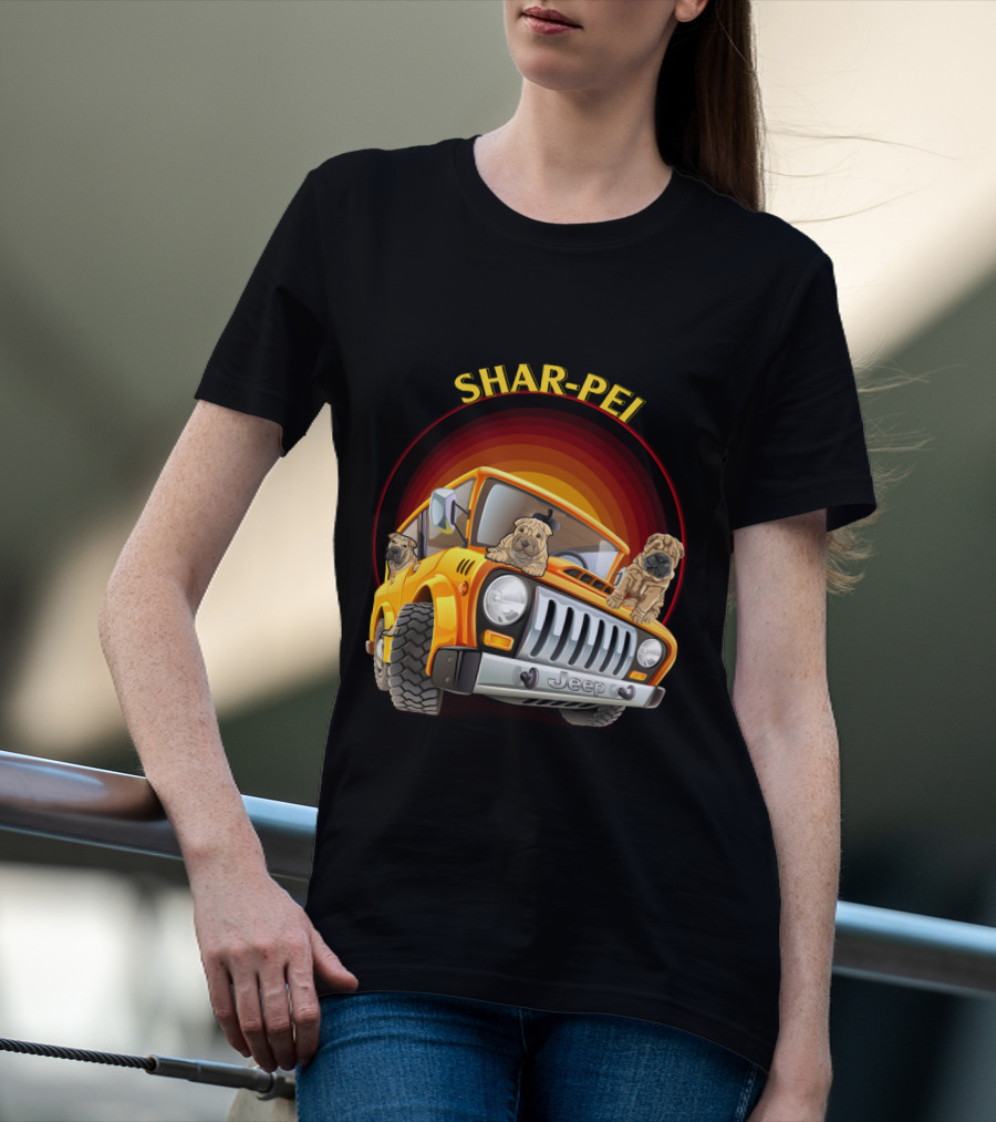 Shar-Pei Jeep Orange With Three Puppies T-Shirt