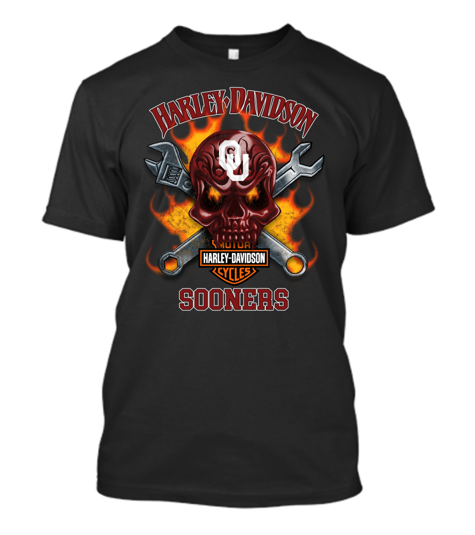 Harley Davidson Motor Cycles Oklahoma Sooners Ou Skull Wrenches Flames T-Shirt