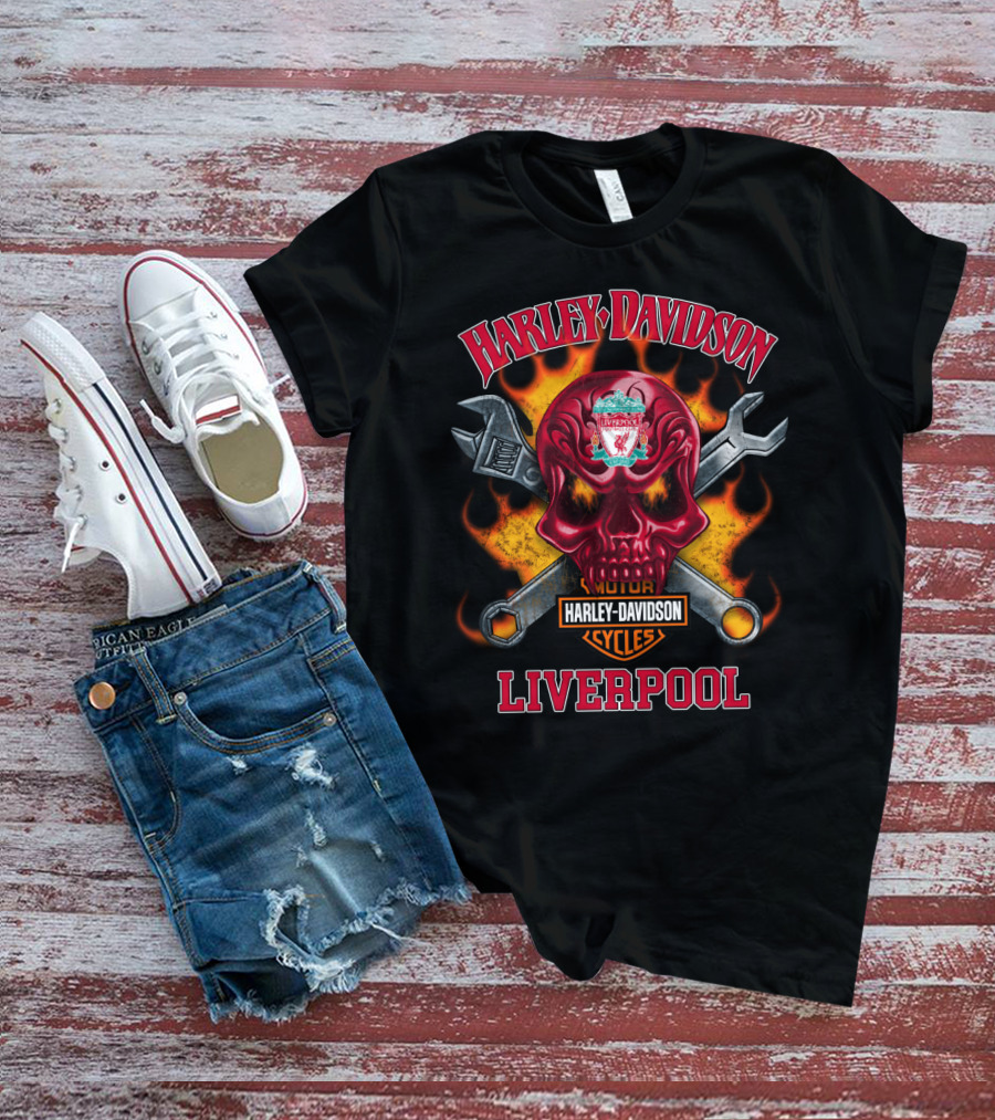 Harley Davidson Motor Cycles Liverpool Fire Skull Wrenches T-Shirt