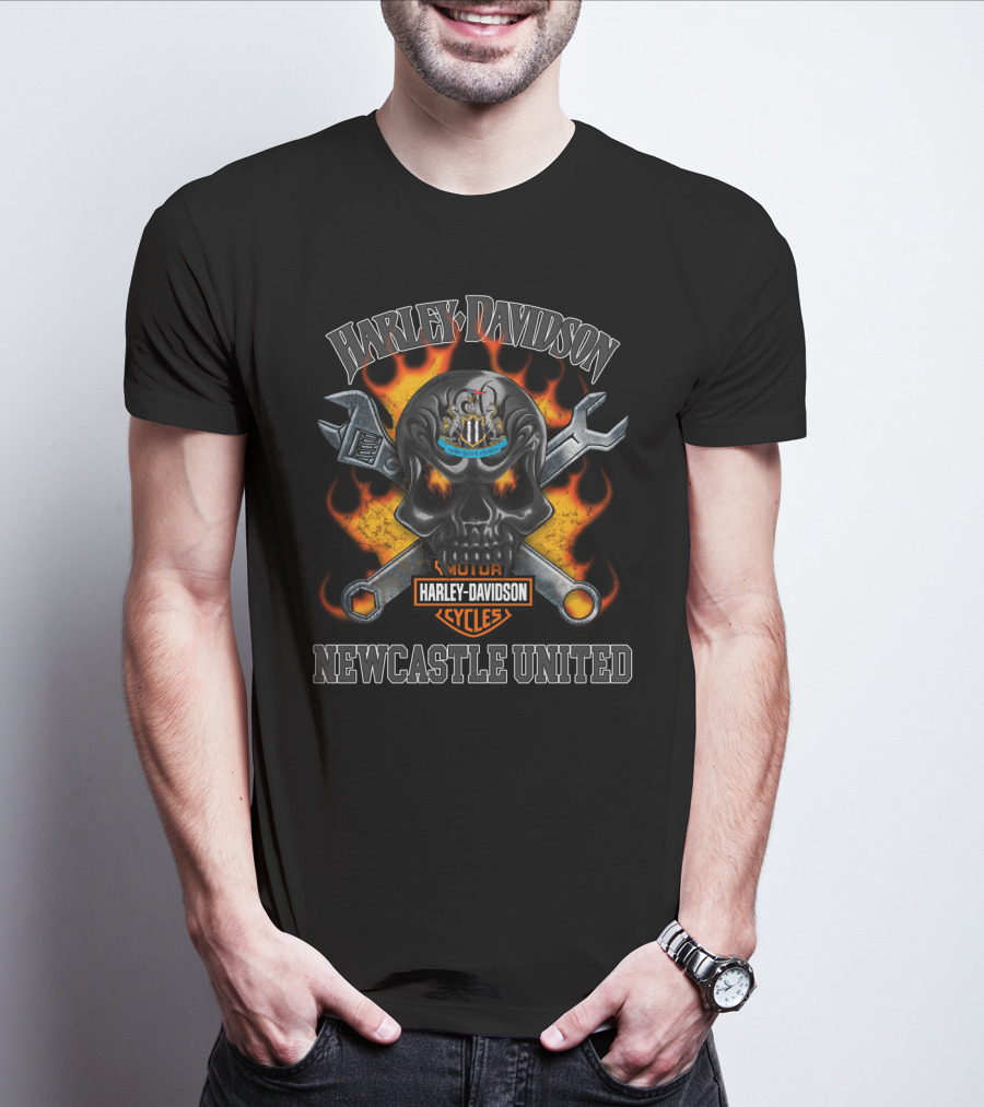Harley Davidson Motor Cycles Skull Flames Newcastle United T-Shirt