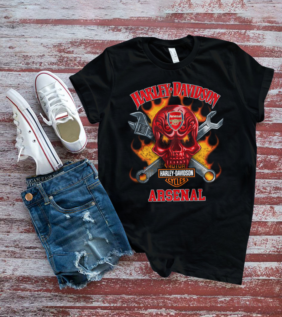 Harley Davidson Motor Cycles Arsenal Skull Wrench Flame T-Shirt