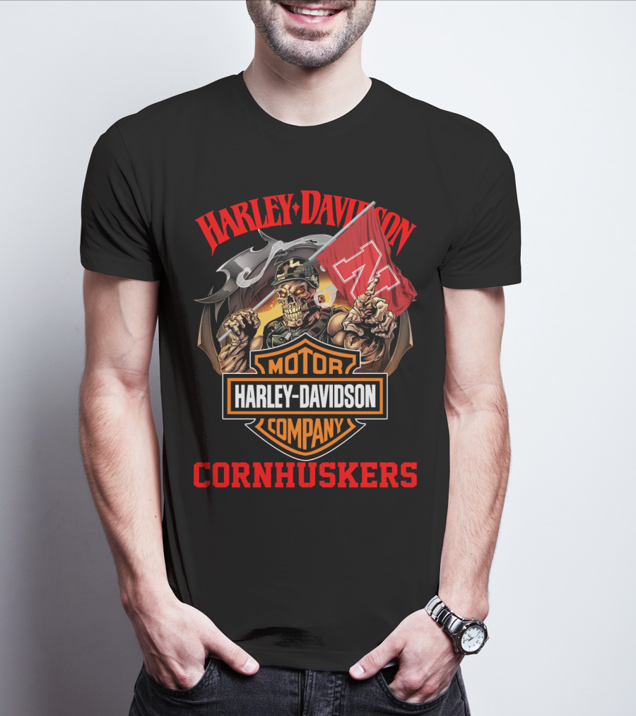 Harley Davidson Company Cornhuskers Skeleton With Nebraska Flag T-Shirt
