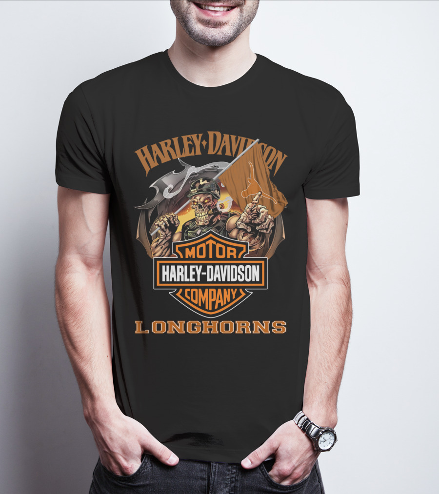 Harley Davidson Motor Company Longhorns Texas Skeleton Flag T-Shirt