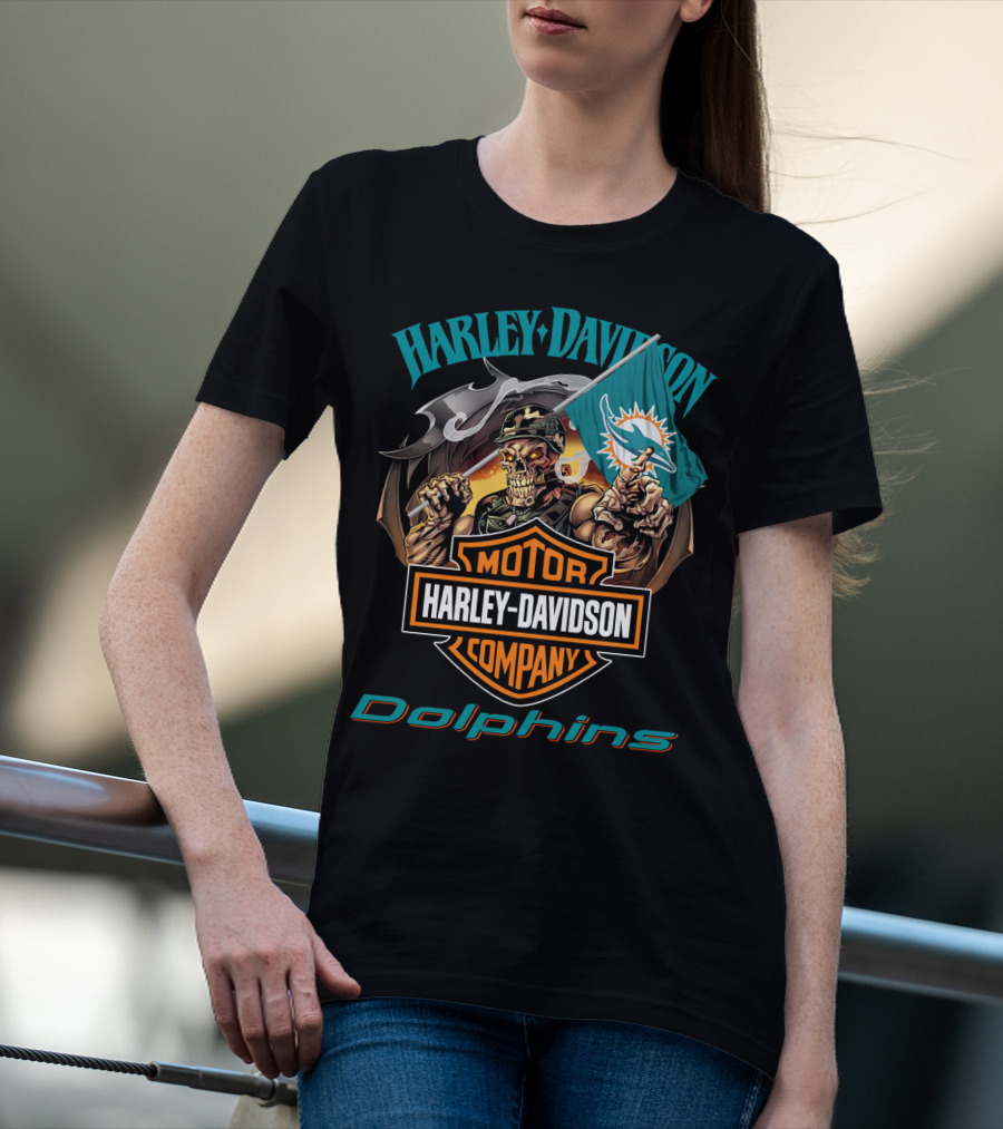 Harley Davidson Miami Dolphins Skeleton Holding Flag T-Shirt