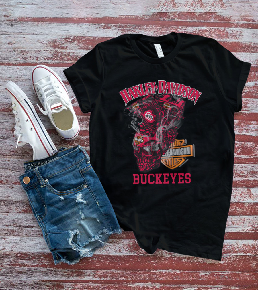 Harley Davidson Ohio State Buckeyes Skull Engine T-Shirt