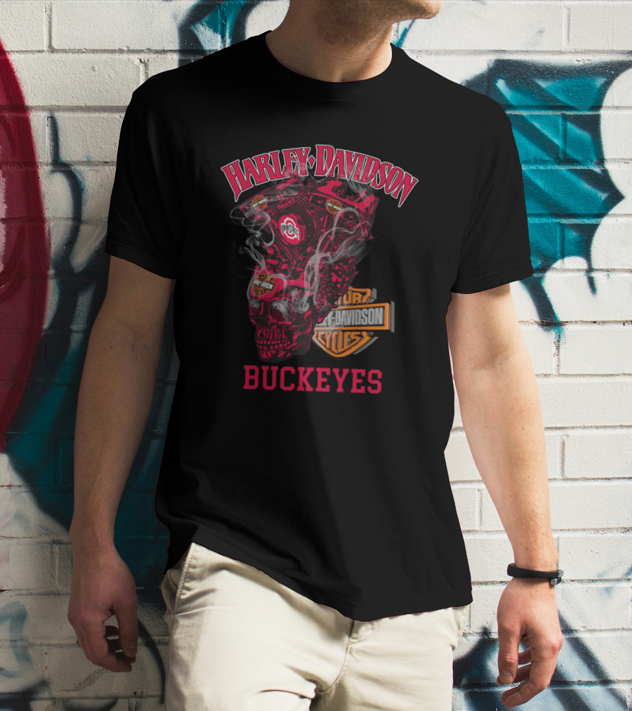 Harley Davidson Ohio State Buckeyes Skull Engine T-Shirt