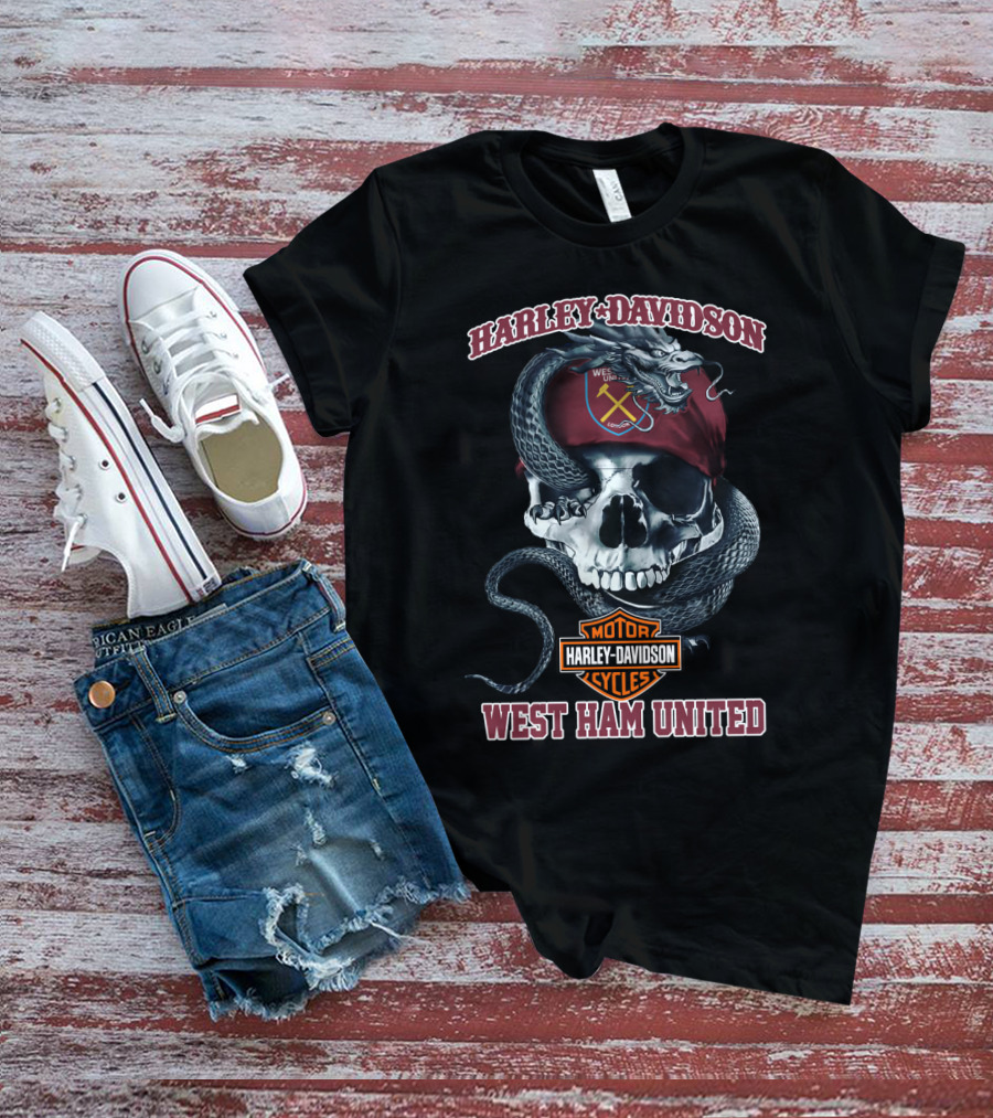 Harley Davidson West Ham United Motor Cycles Skull And Snake T-Shirt