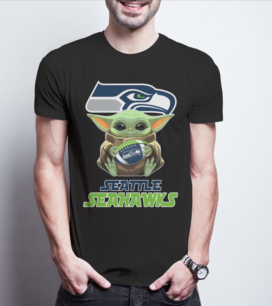 Seattle Seahawks Baby Yoda Holding Football Fan T-Shirt