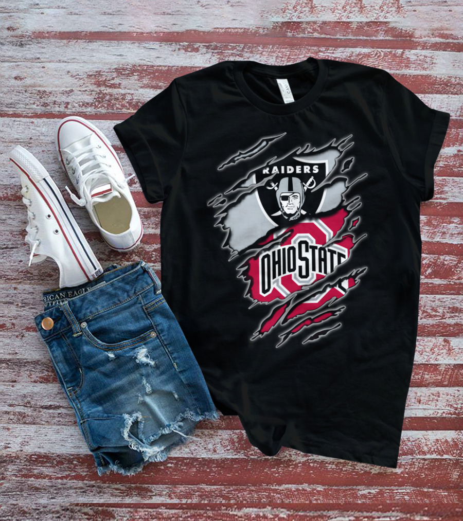 Raiders And Ohio State Fan Emblem Tear T-Shirt