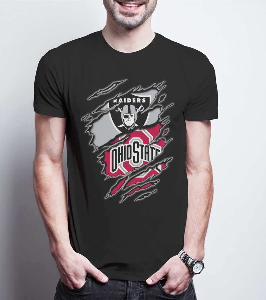 Raiders And Ohio State Fan Emblem Tear T-Shirt