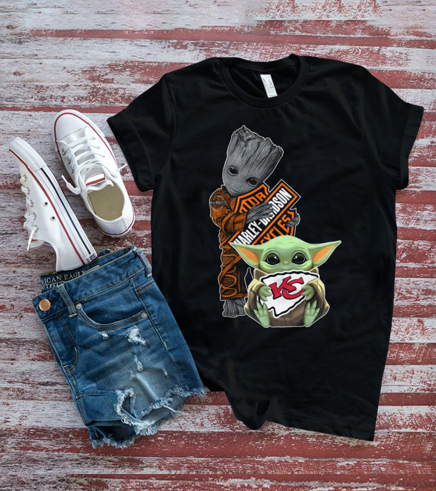 Harley Davidson Groot With Kansas City Chiefs Baby Yoda T-Shirt