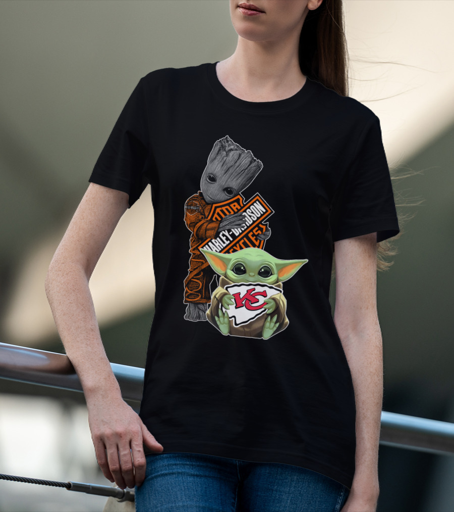 Harley Davidson Groot With Kansas City Chiefs Baby Yoda T-Shirt