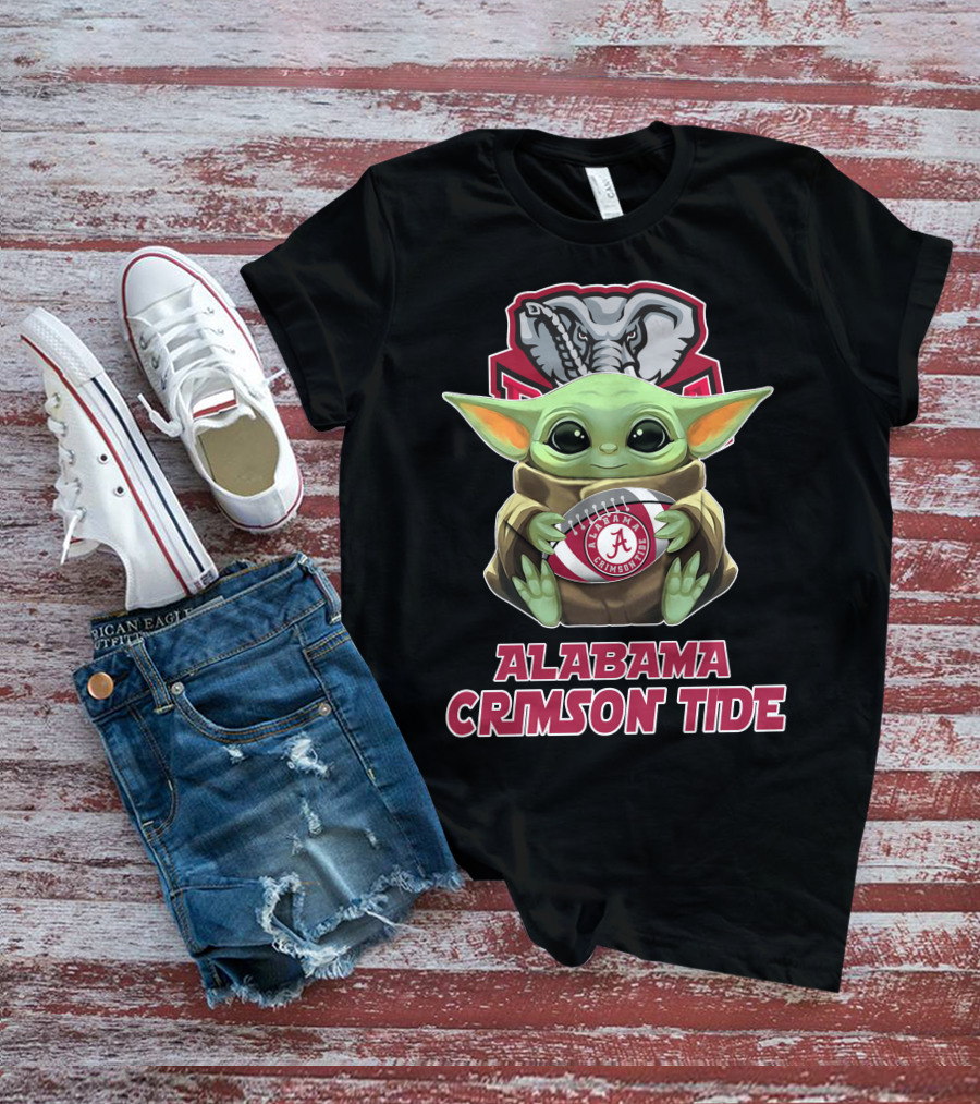 Alabama Crimson Tide Baby Yoda Holding Football T-Shirt