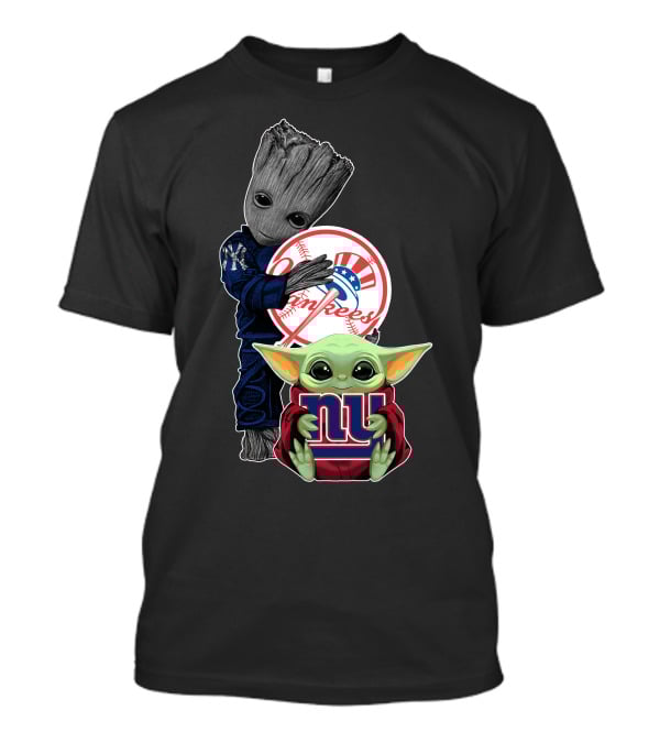 Yankees Giants Baby Alien And Tree Creature Hugging Logos T-Shirt
