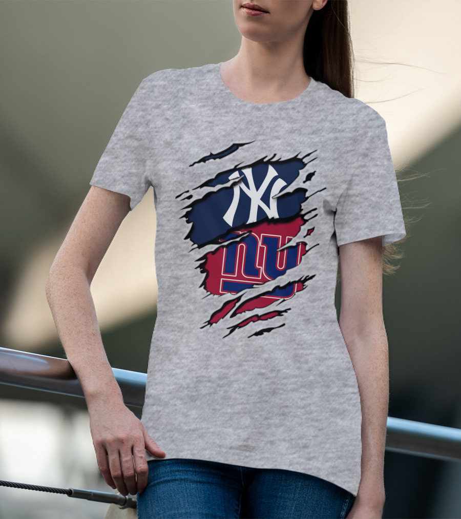 New York Yankees New York Giants Ripped Torn Combo T-Shirt