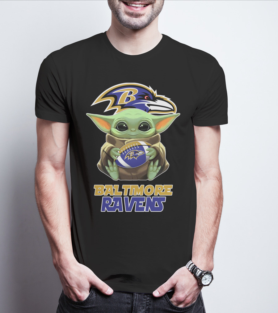 Baltimore Ravens Baby Yoda Holding Football T-Shirt