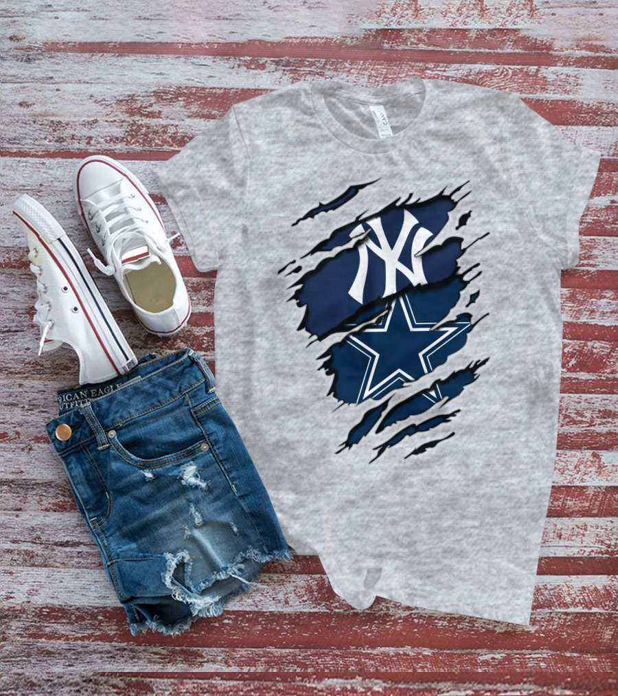 Cowboys Yankees Logo Mashup On Torn Background Gray T-Shirt