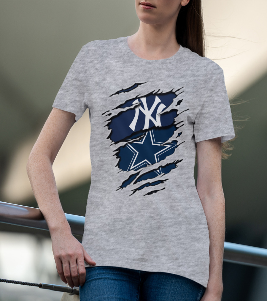 Cowboys Yankees Logo Mashup On Torn Background Gray T-Shirt