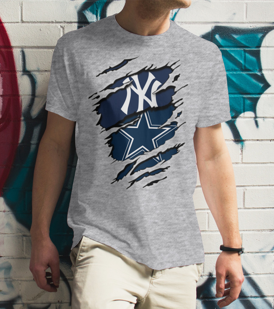 Cowboys Yankees Logo Mashup On Torn Background Gray T-Shirt