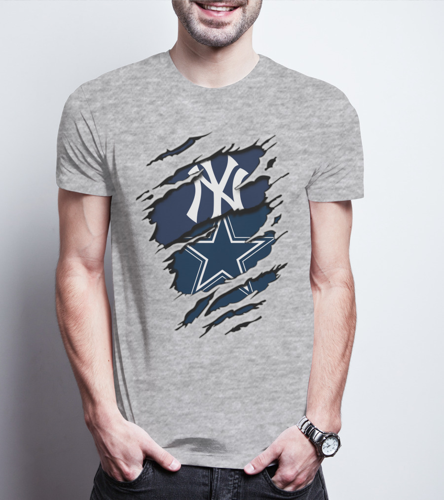 Cowboys Yankees Logo Mashup On Torn Background Gray T-Shirt