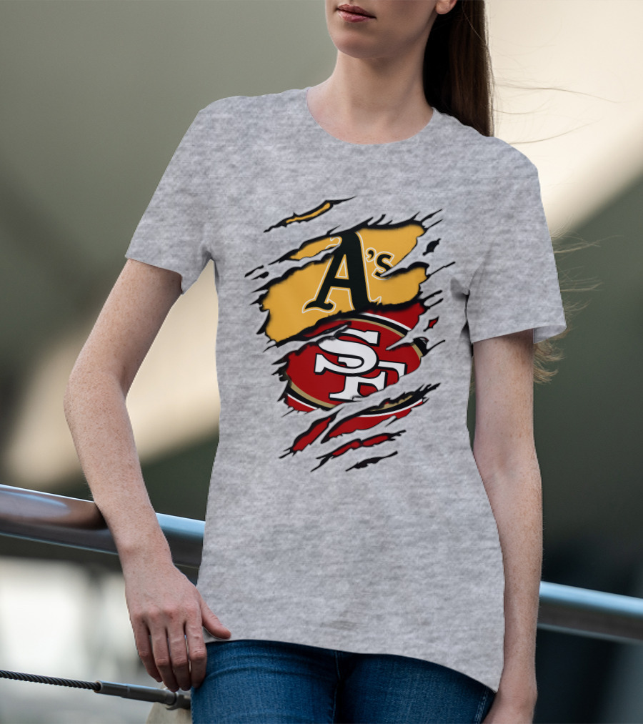 Oakland A's And San Francisco 49ers Torn Layered Logo Fusion T-Shirt
