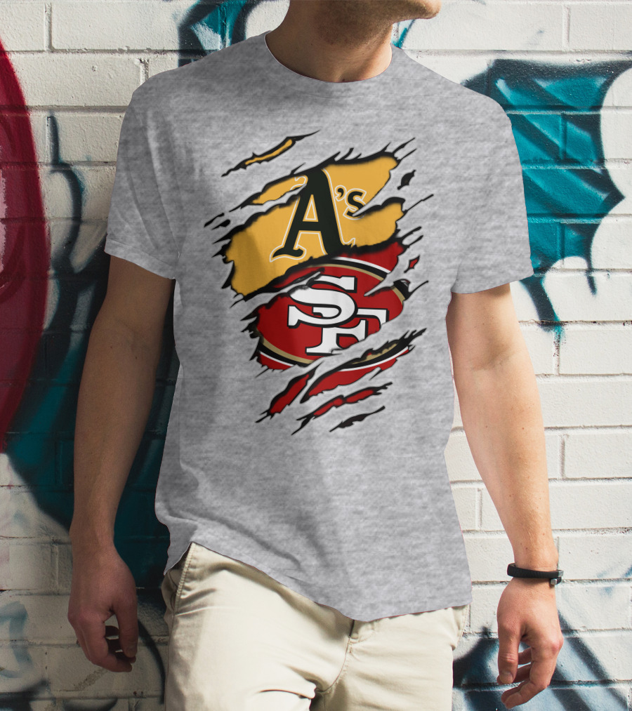 Oakland A's And San Francisco 49ers Torn Layered Logo Fusion T-Shirt