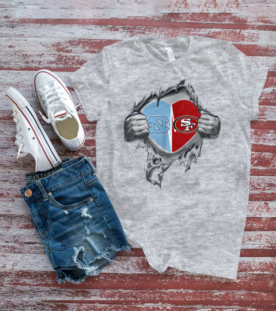 49Ers Tar Heels San Francisco UNC Heart Torn Fabric T-Shirt