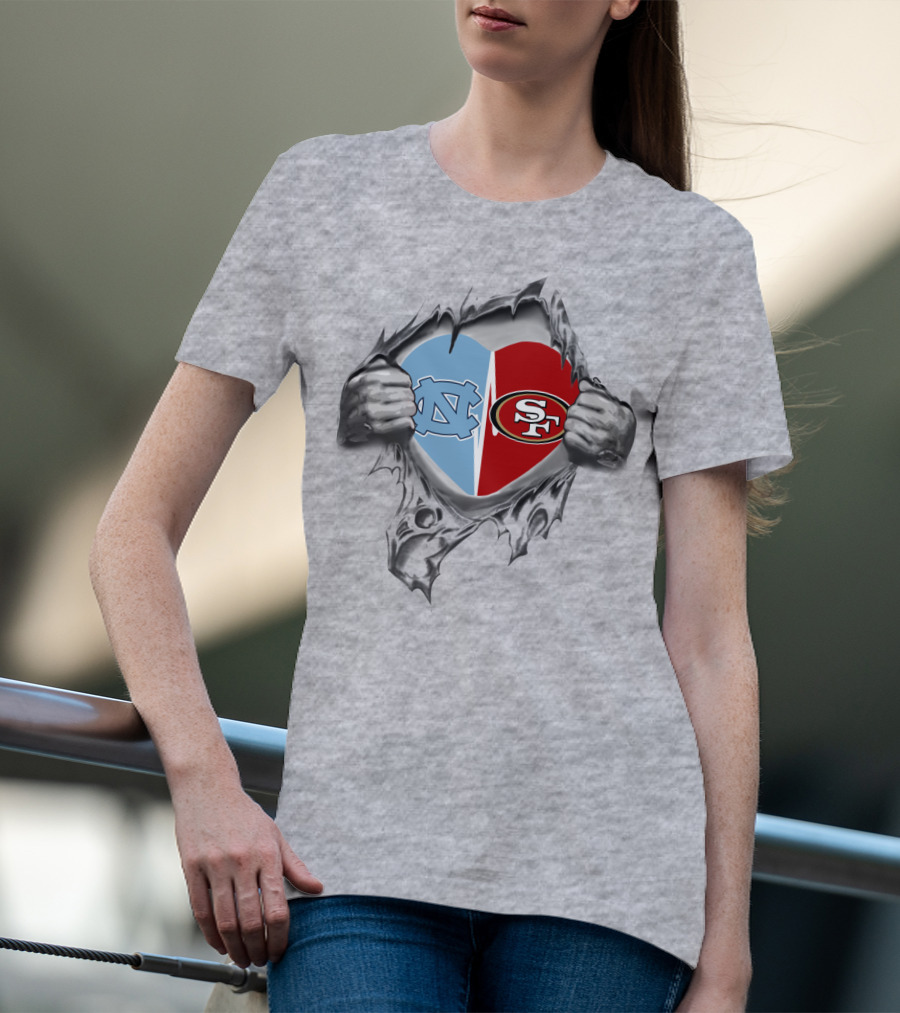 49Ers Tar Heels San Francisco UNC Heart Torn Fabric T-Shirt