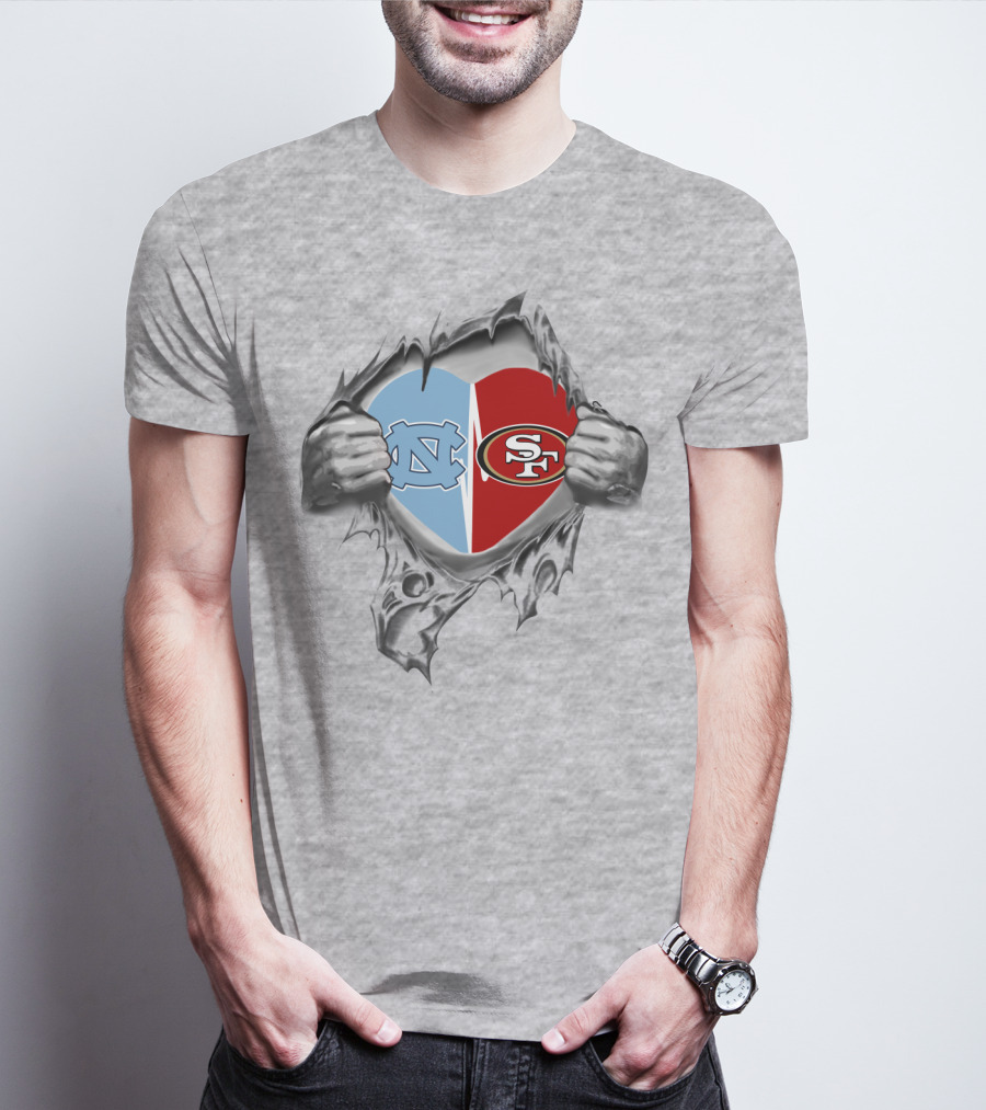 49Ers Tar Heels San Francisco UNC Heart Torn Fabric T-Shirt