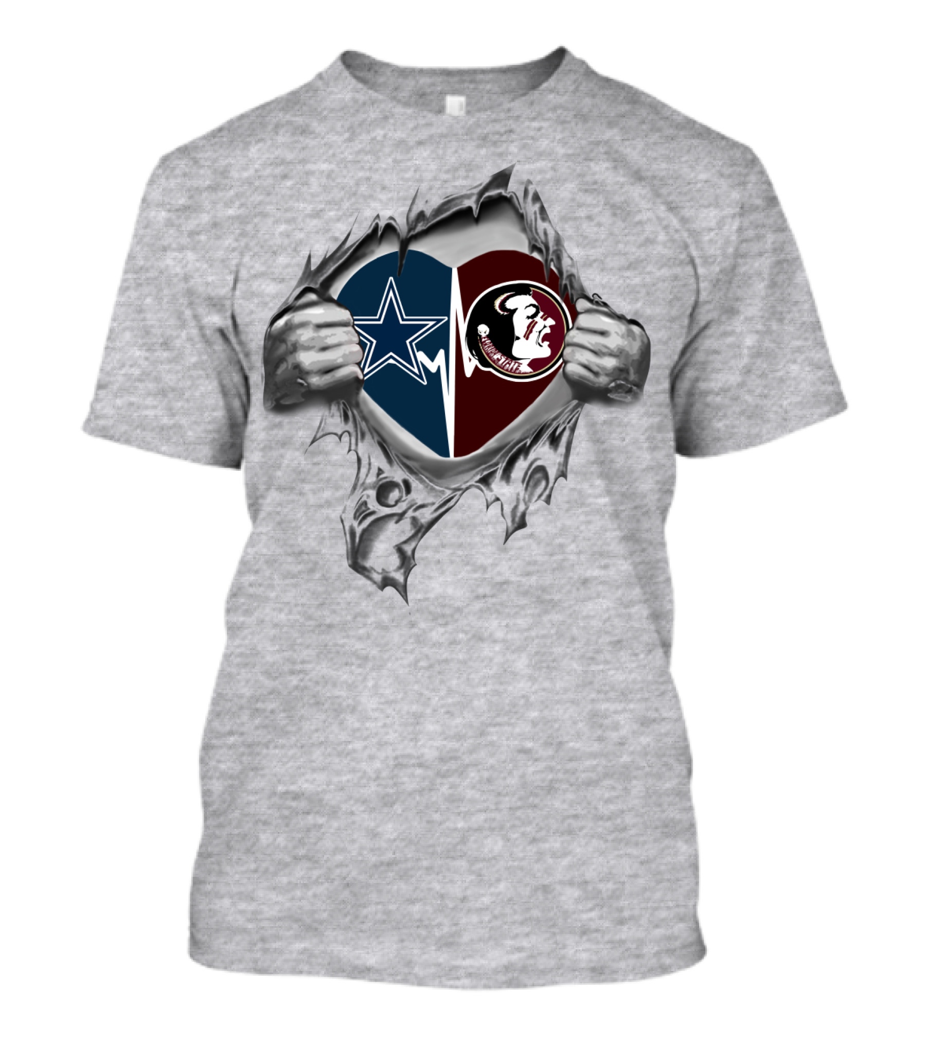 Cowboys Seminoles Heart Symbol With Team Logos Inside Ripped Hands T-Shirt
