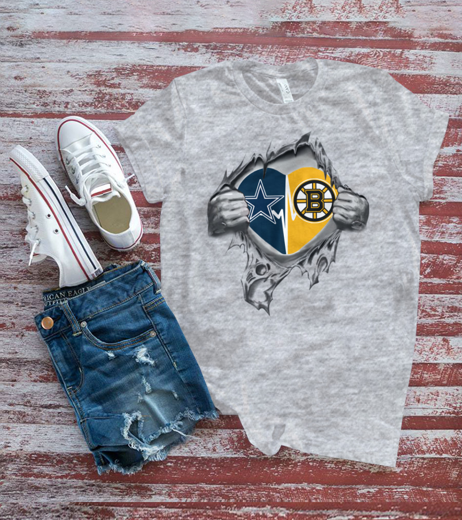 Cowboys Bruins Heart Duo With Star And B Logo Integration Silver Gray Edition T-Shirt