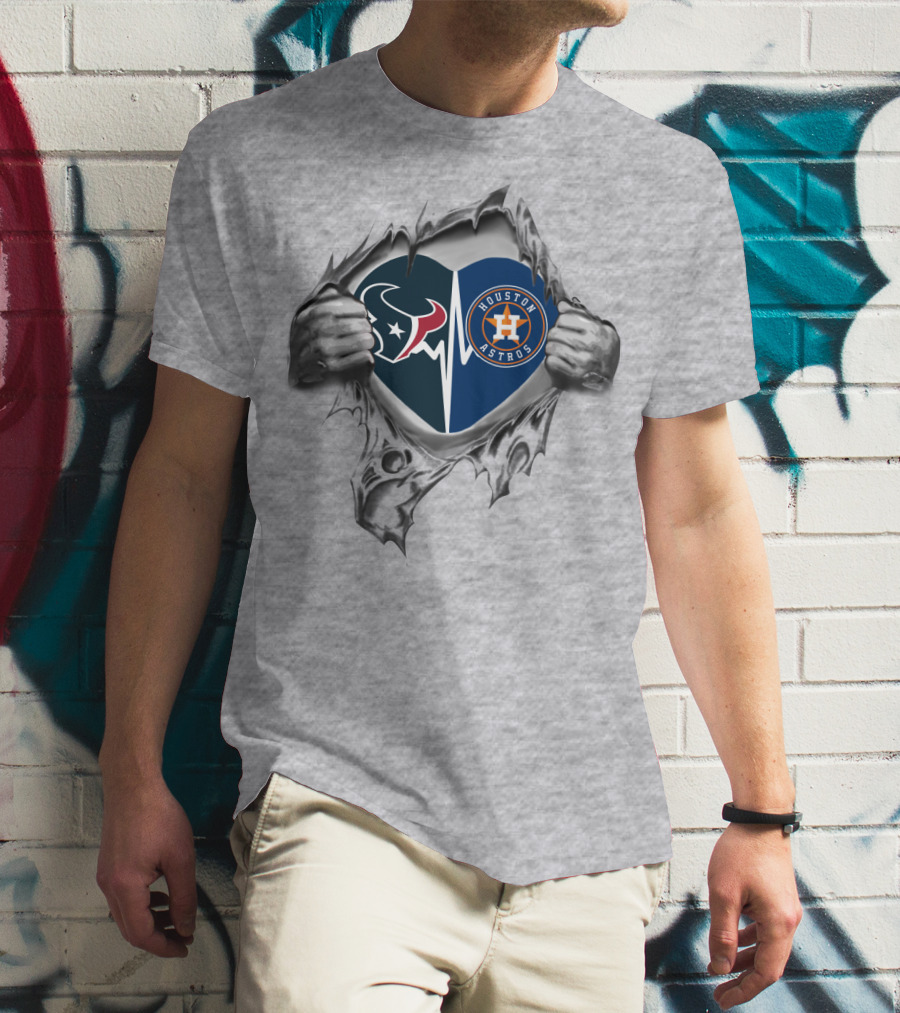 Texans Astros Heart Split Torn Ripped Metal T-Shirt