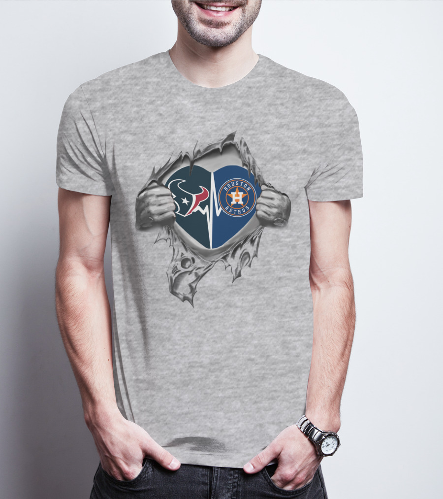 Texans Astros Heart Split Torn Ripped Metal T-Shirt
