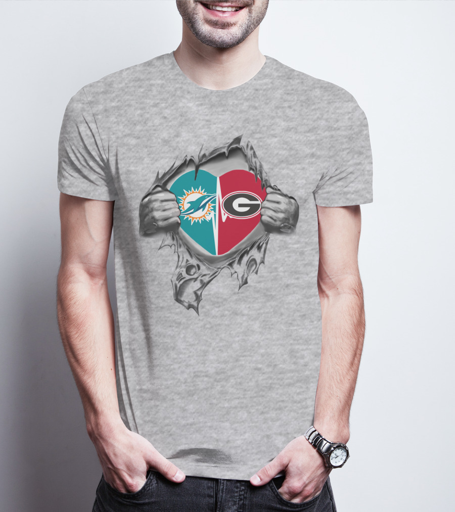Dolphins Georgia Bulldogs Heart Split Logo Fan Pride T-Shirt