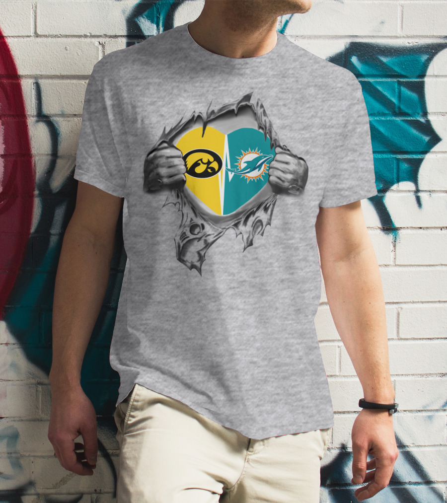 Iowa Hawkeyes Miami Dolphins Heart Rip T-Shirt